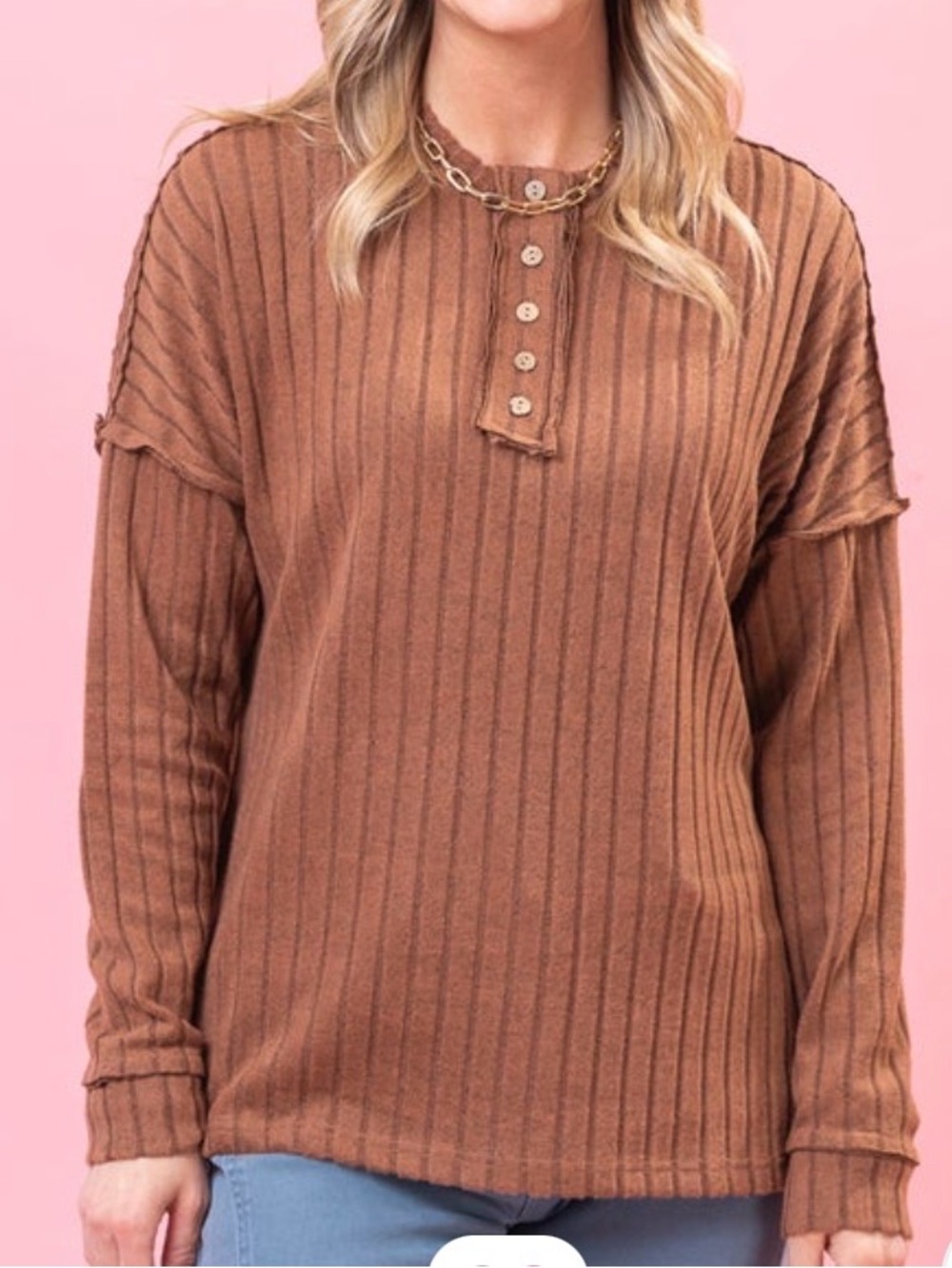Button-Placket Ribbed Pullover Long Sleeve - Brown. Small.
